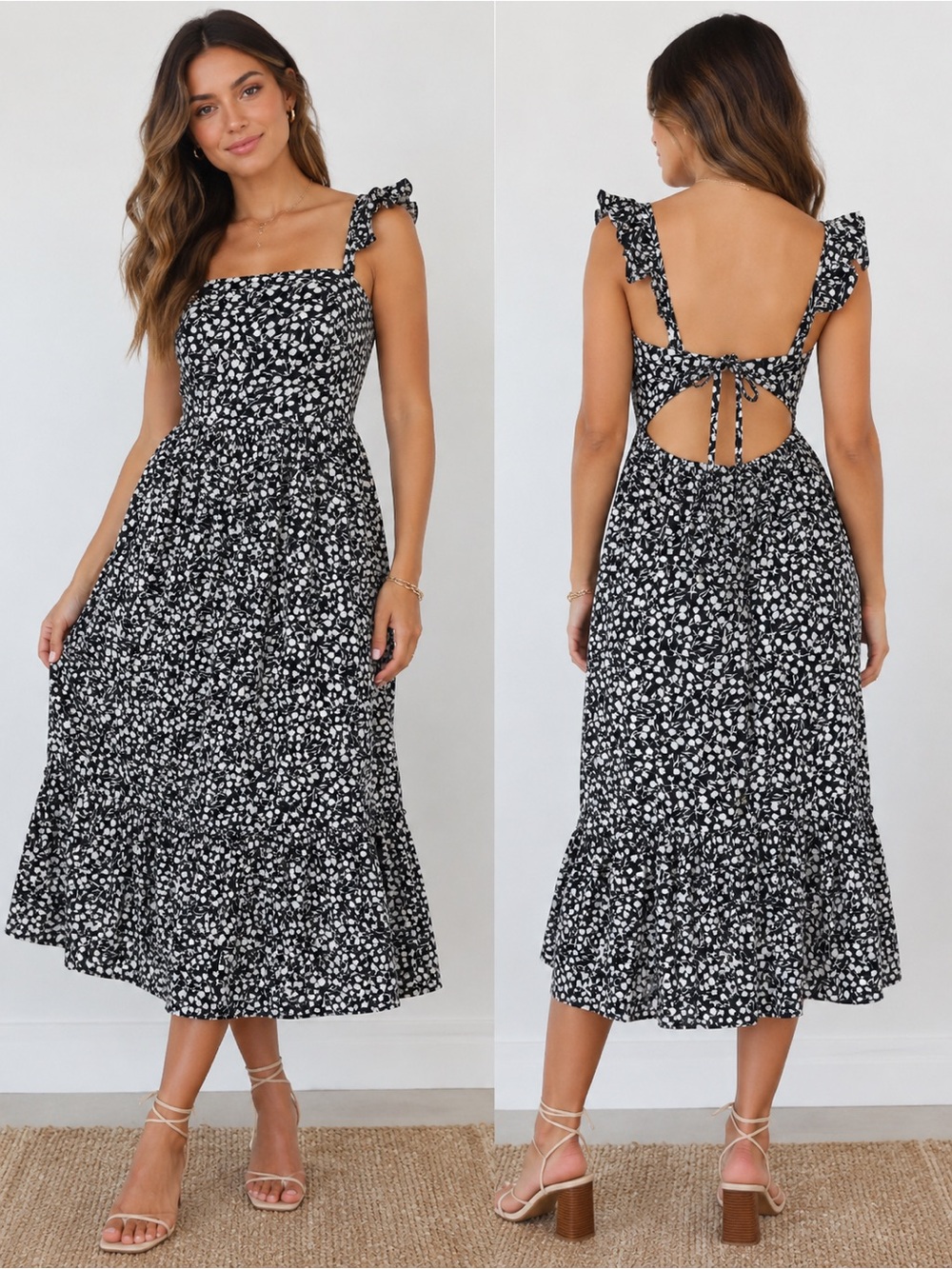 RIXO Black & White Floral Tie-Back Midi Dress 100% Cotton